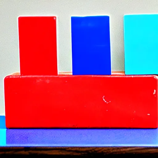 Image similar to A red block on a blue block on a table