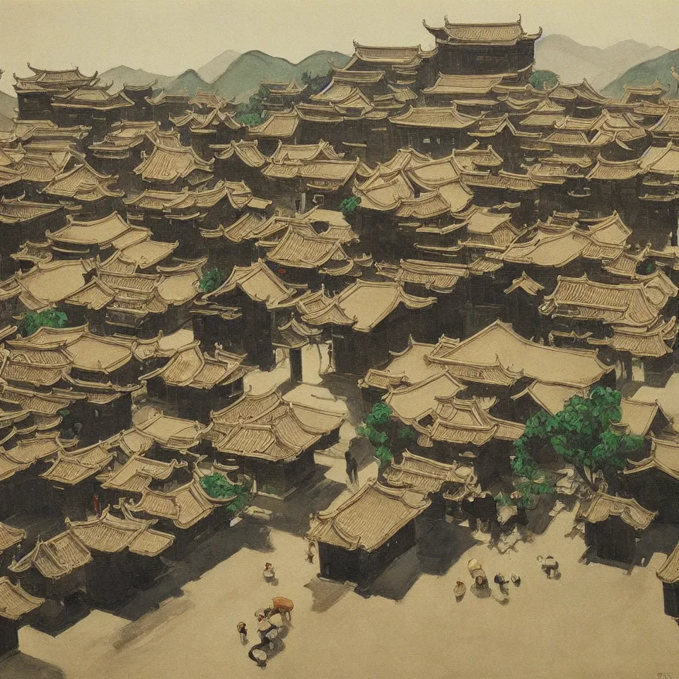 Image similar to a painting of hongcun ancient village houses by edward hopper