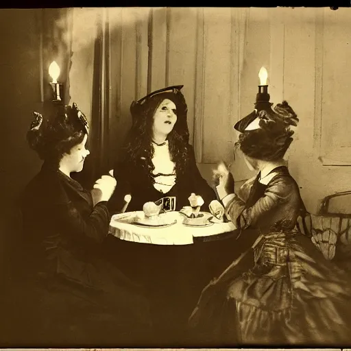 Prompt: demons tea party, antique photo, victorian era, cinematic lighting,