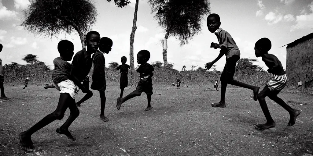 Image similar to kenyan village, black kids playing football, film photography, exposed b & w photography, christopher morris photography, bruce davidson photography, peter marlow photography