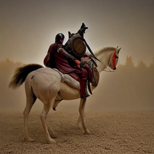 Image similar to crusader riding a horse sized canadian goose into battle