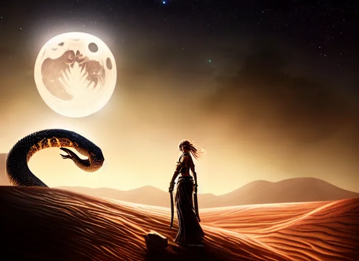 Prompt: giant snake on a moonlit desert, fantasy, d & d, art by artgerm and greg rutkowski, cinematic shot, intricate, ornate, photorealistic, ultra detailed, trending artstaition, realistic, 1 0 0 mm, photography, octane, high definition, depth of field, bokeh, 8 k