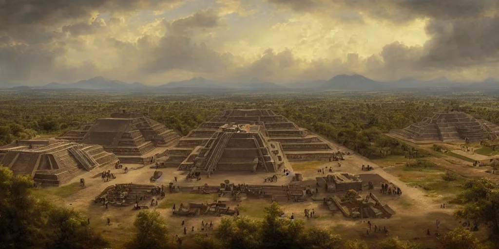 Prompt: teotihuacan cityscape by andreas achenbach, artgerm, mikko lagerstedt, zack snyder, tokujin yoshioka