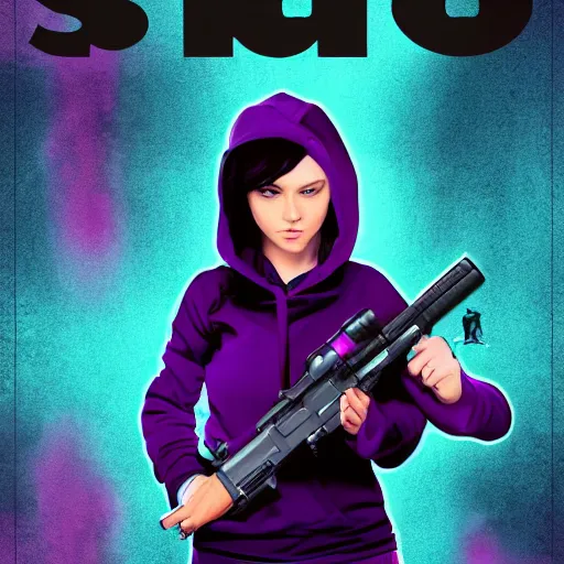 Image similar to poster artwork, sci fi, a female, full body, black hoodie techie, black hair with purple streaks, holding a gun, 8 k