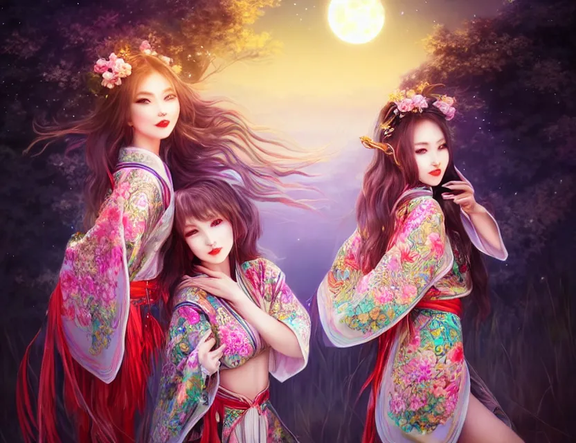 Image similar to two beautiful alluring siberian girls wear fantasy kimono in festival | | sunny night, full moon, dreamlike art, realistic shaded, smile, good looking, hyper details, 4 k realistic, cryengine, realistic shaded lighting poster by artgerm, ross tran, fuji choko, 8 k resolution, trending on artstation, luxury