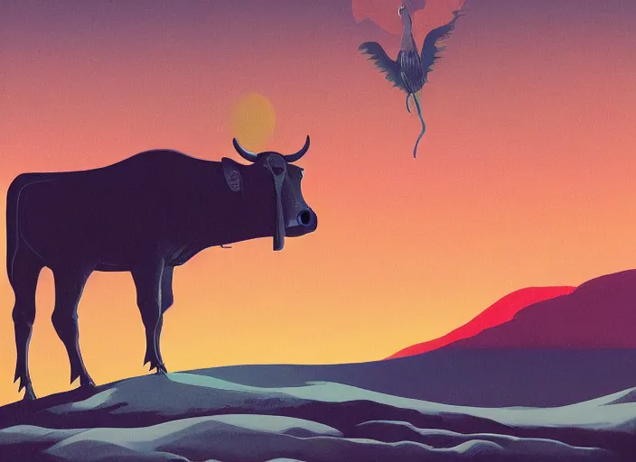 Prompt: isometric painting of a cow devouring a human, black mountains, rhads, dark atmosphere, fire, edward hopper, tristan eaton, victo ngai, vibrant vermilion background