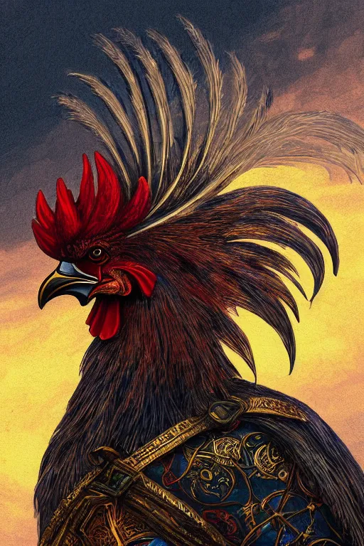 Prompt: a beautiful tarot card artwork of a rooster, wearing knight armour!, horror, backlit, gloomy sky, highly detailed, digital painting, intricate golden threads, by kevin siembieda, vivid colors, detailed shading, 8 k resolution, intricate, smooth