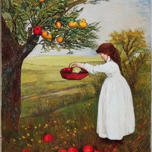 Prompt: a girl in a white cotton dress. an apple tree. red apples. folk. thomas hardy tess of the d'urbervilles. rutowski