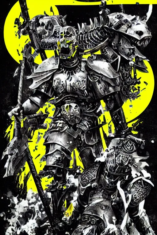 Prompt: an armored barbarian, loaded with weapons and animal skulls, horror sci - fi black and yellow poster