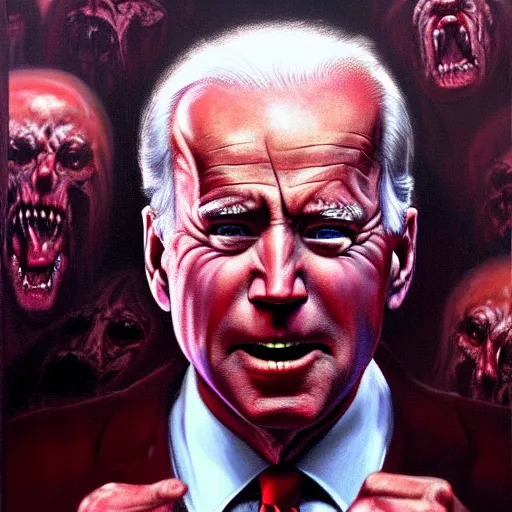 Image similar to epic Joe Biden in pandemonium, demons and souls, portrait, art by Wayne Barlowe, oil on canvas