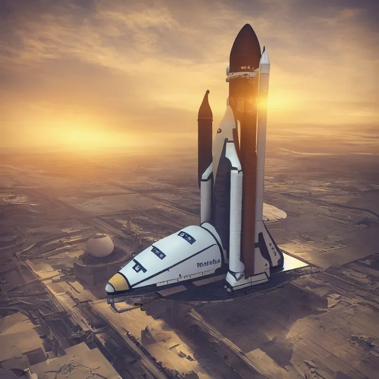 Image similar to “overly complex space shuttle about to blast off from the launch pad, concept art, high-def render, beautiful 3D render, yellow morning sunrise, 4K 3D”