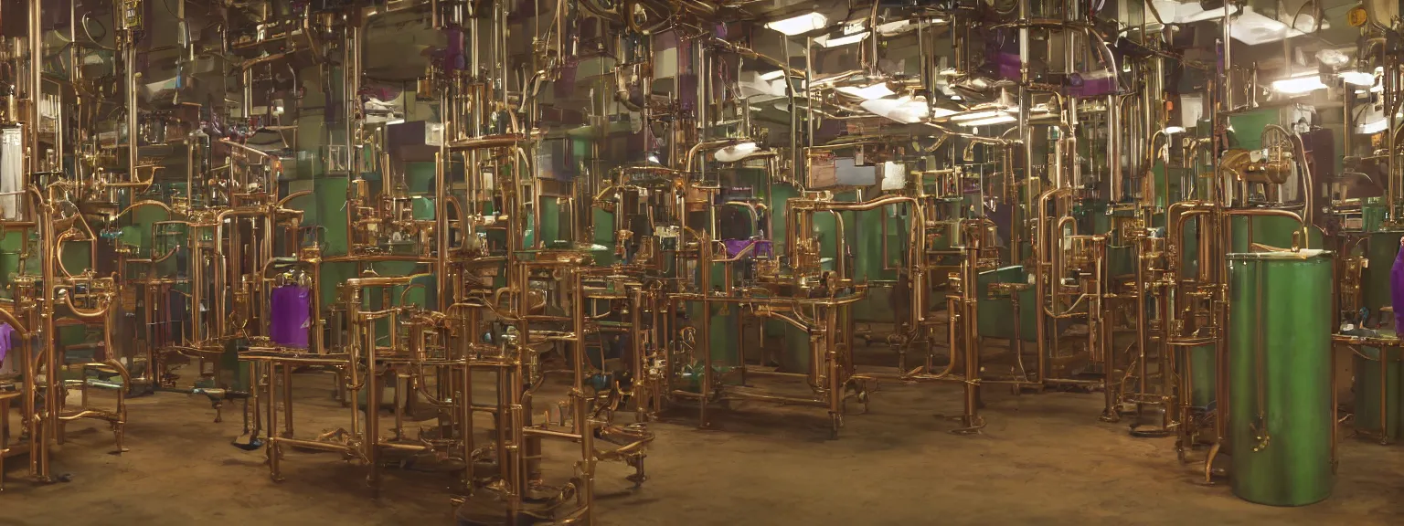 Prompt: oily apparatus for making snake oil, huge copper machine with purple and green snakelike pipework, barrels of snake oil in a disorganized factory in taiwan in 1 9 9 2 production line, golden hour lighting, film still from the uncle aloysius family medicine depot movie 3 d, 8 k, cinematic lighting