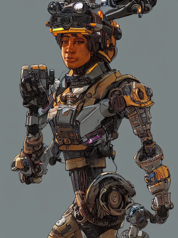 Image similar to solarpunk digital illustration pathfinder robot from apex legends, portrait by james gurney and laurie greasley, concept art, cinematic composition, hyper realism, photorealistic, dramatic lighting, highly detailed