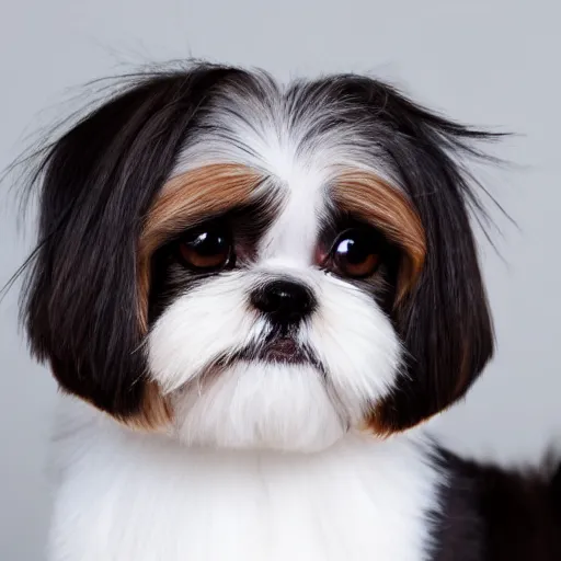 Prompt: A photo of a shih tzu with short-lenght hair, black and white fur and brown eyes
