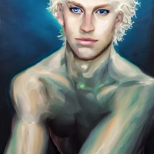 Prompt: oil painting of a beautiful platinum blond curly haired cleanshaven himbo with heterochromia one blue eye one green eye d & d fantasy concept art