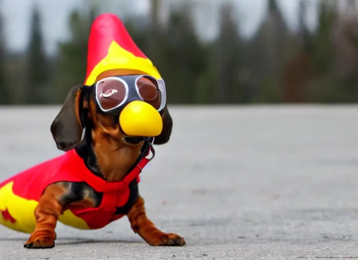 Prompt: Dachshund skydiving while dressed in a hotdog costume