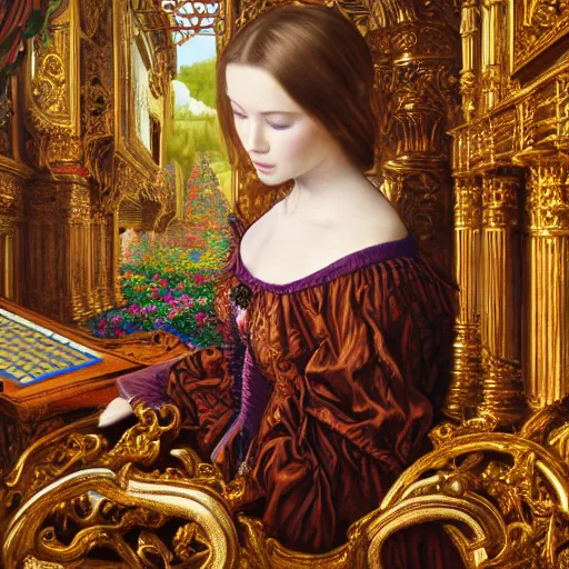 Image similar to a masterpiece ultradetailed art of a beautiful girl plaing computer baroque renaissance. medium shot, intricate, elegant, highly detailed, by stanley artgerm lau, wlop, rossdraws, james jean, andrei riabovitchev, marc simonetti, background by james jean and gustav klimt, light by julie bell, 4 k, porcelain skin.