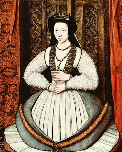 Image similar to “Anne Boleyn wearing 1970s clothes, painting by Hans Holbein”