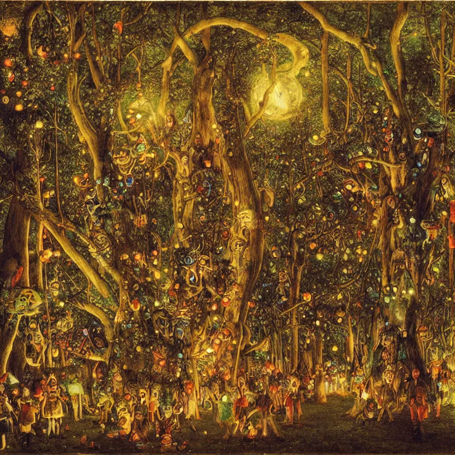 Prompt: a night carnival around a magical tree cavity, with a surreal orange moonlight and fireworks in the background, next to a lake with iridiscent water, christmas lights, folklore animals and people disguised as fantastic creatures in a magical forest by summer night, masterpiece painted by ford madox brown, dark night environment