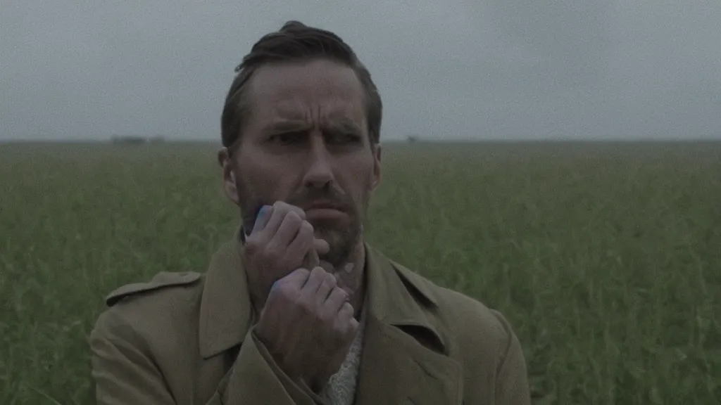 Prompt: a man in a trench coat check his watch in a field, low angle, concerned face, film still from the movie directed by Denis Villeneuve, wide lens