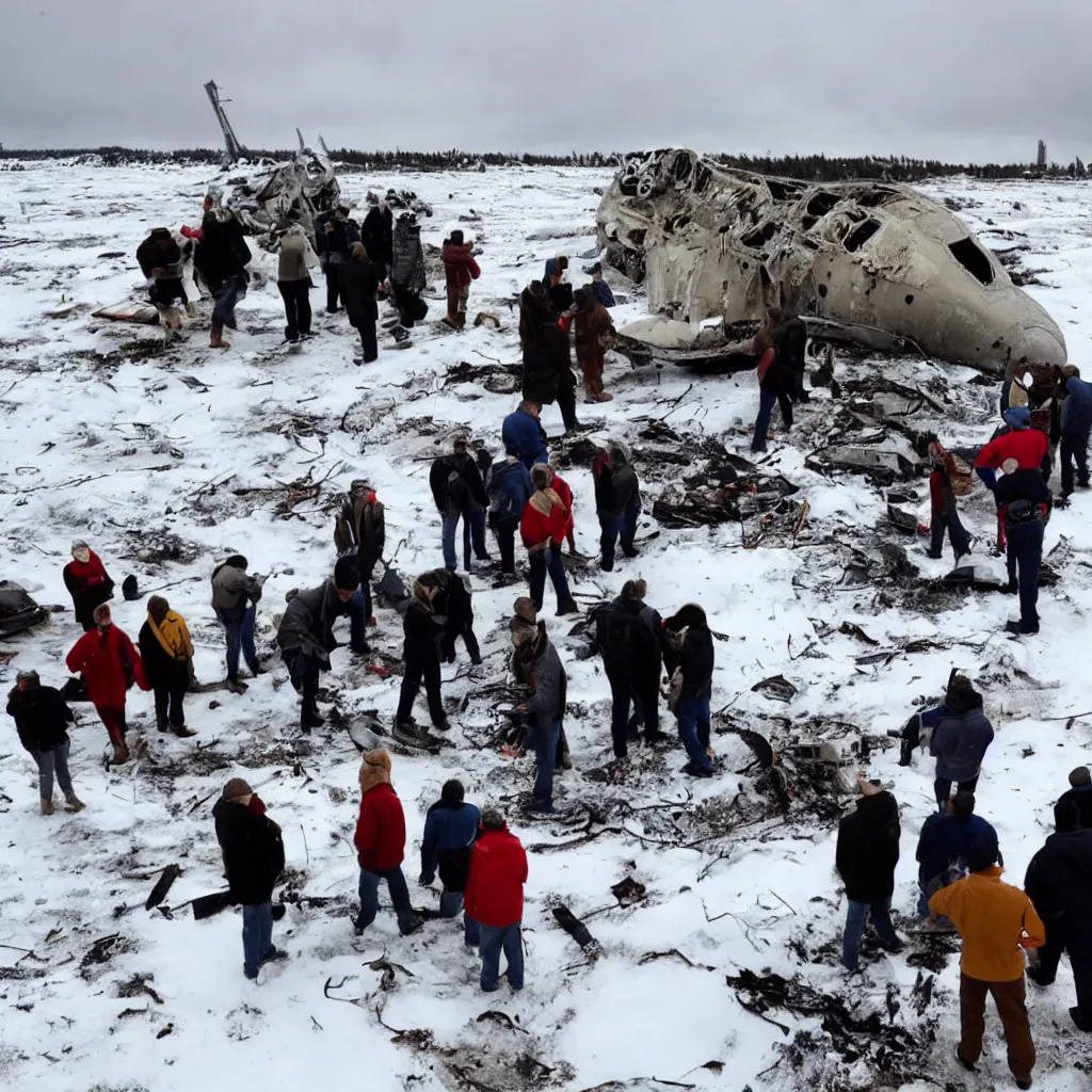 Prompt: group of people discovering a destroyed starship in the middle of a snow field