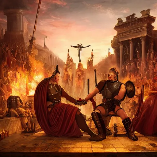 Image similar to julius caesar, wearing medieval knight armours, and queen victoria, wearing an ottoman crown, arm wrestling on the depths of hell, with satan watching over them riding a vulture. cyberpunk style architectures in the background, dawn, cloudy red sky. photograph, hyper realistic,