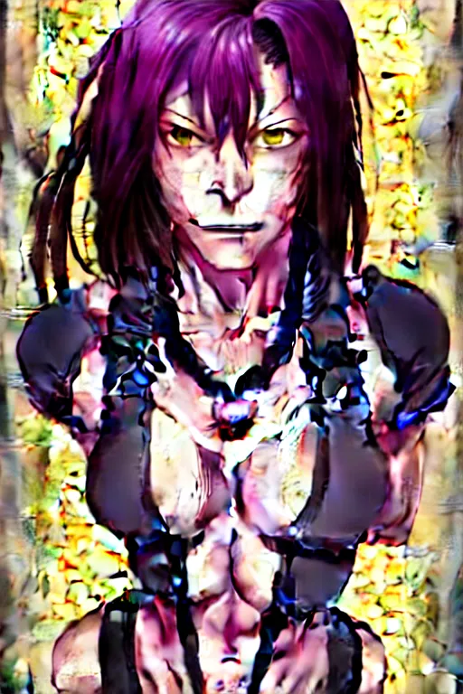 Image similar to a portrait of revy from black lagoon, dilraba dilmurarevy, smirk, black tank top, jean shorts, brown eyes, purple hair, tribal tattoos right arm sleeve, symmetrical eyes, symmetrical face, art by lois van baarle and loish and ross tran and rossdraws and sam yang and artgerm