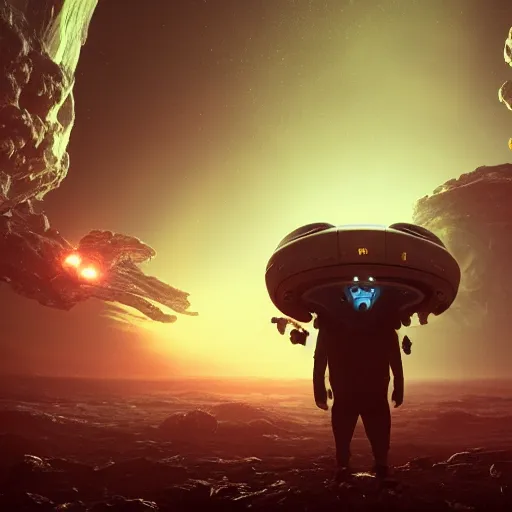 Image similar to a horrified man on a spaceship face to face with an alien from another galaxy, volumetric lighting, 8 k octane beautifully detailed render, post - processing, extremely hyper - detailed, intricate, epic composition, cinematic lighting, masterpiece, trending on artstation, detailed detailed detailed, masterpiece, beautiful cinematic light,