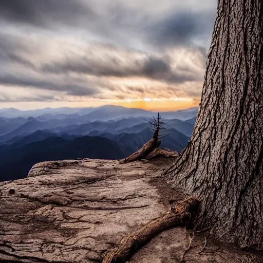 Image similar to a beautiful mountain landscape view from the summit with stunning eerie light and a large tree on the foreground, HD photograph, bokeh