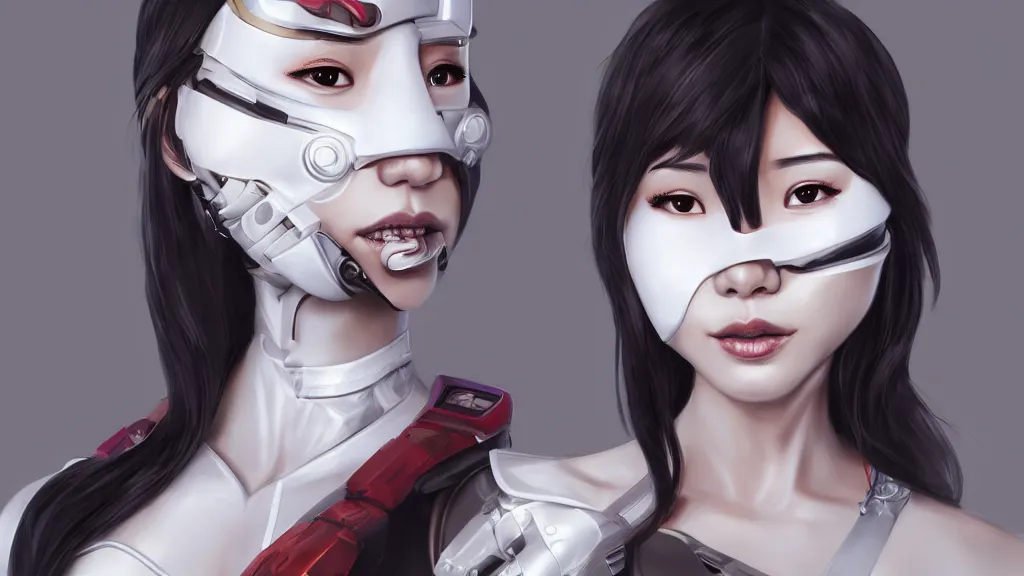 Image similar to portrait of a cyborg asian girl wearing an Ikeuchi mask by Artgerm, biomechanical, hyper detailled, trending on artstation