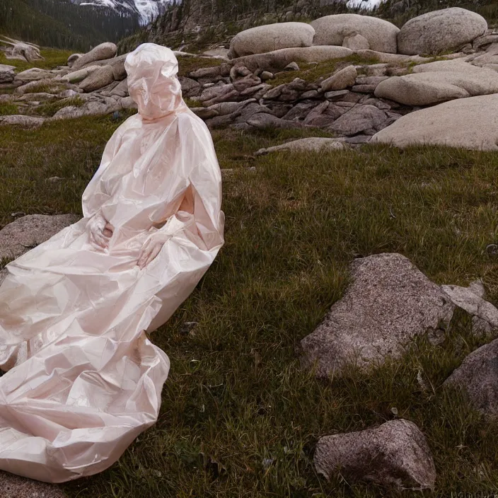 Prompt: a color photograph, closeup portrait of a woman wrapped in plastic, sitting on a throne, in rocky mountain national park in colorado, color photograph, by vincent desiderio, canon eos c 3 0 0, ƒ 1. 8, 3 5 mm, 8 k, medium - format print