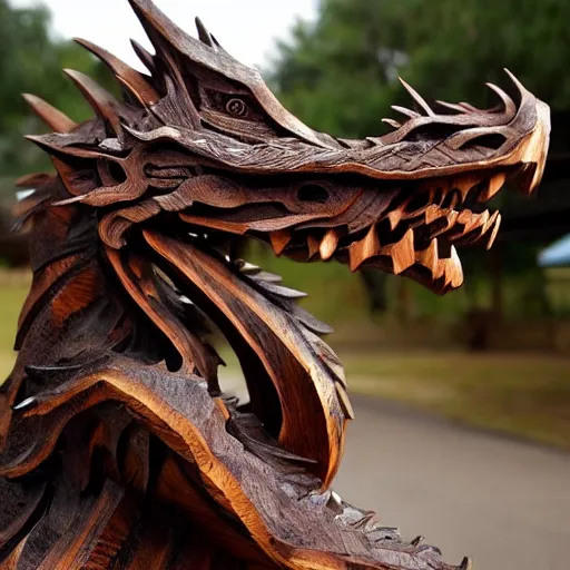 Image similar to a dragon sculpture carved in wood.