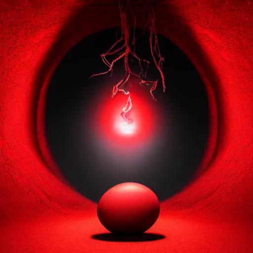 Image similar to Large red roots and thick red vines covering a giant red glowing egg and the entire room, dark red background, digital art, trending on artstation