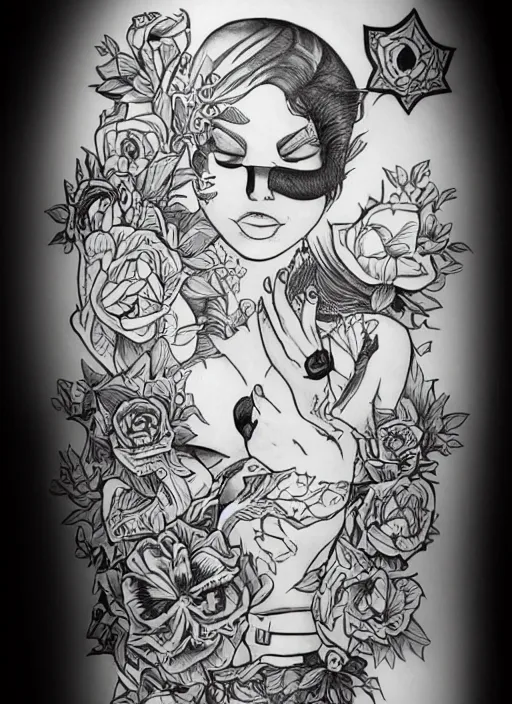 Prompt: tattoo flash woman art, black and white, by james jean