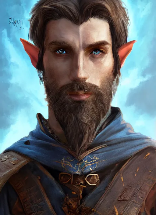 Image similar to An epic fantasy comic book style portrait painting of an arrogant half elf ranger with shaggy brown hair, scruffy beard, scar on face, blue tunic, unreal 5, DAZ, hyperrealistic, octane render, cosplay, RPG portrait, dynamic lighting