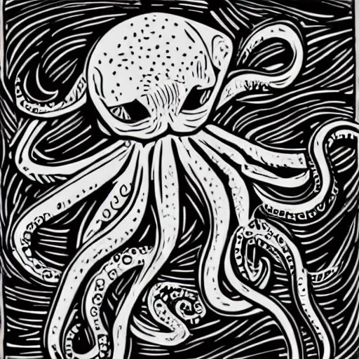 Prompt: a cross between a cat and an octopus, realistic, detailed, linocut