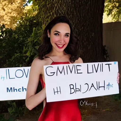 Prompt: Gal Gadot holding a sign that SHE LOVES MITCH!!!!!! as painted by Ralph Horsley