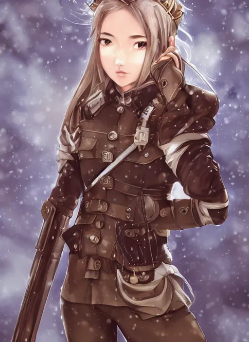 Image similar to girl with steampunk weapons and uniform, serious, intense, finely detailed, made by artgerm, ross tran, full body portrait, illustration, snow, snowing, cloudy, anime, side view, perfect anime face, realistic face, zoomed out, smooth, brown eyes, high waisted shorts, sharp focus