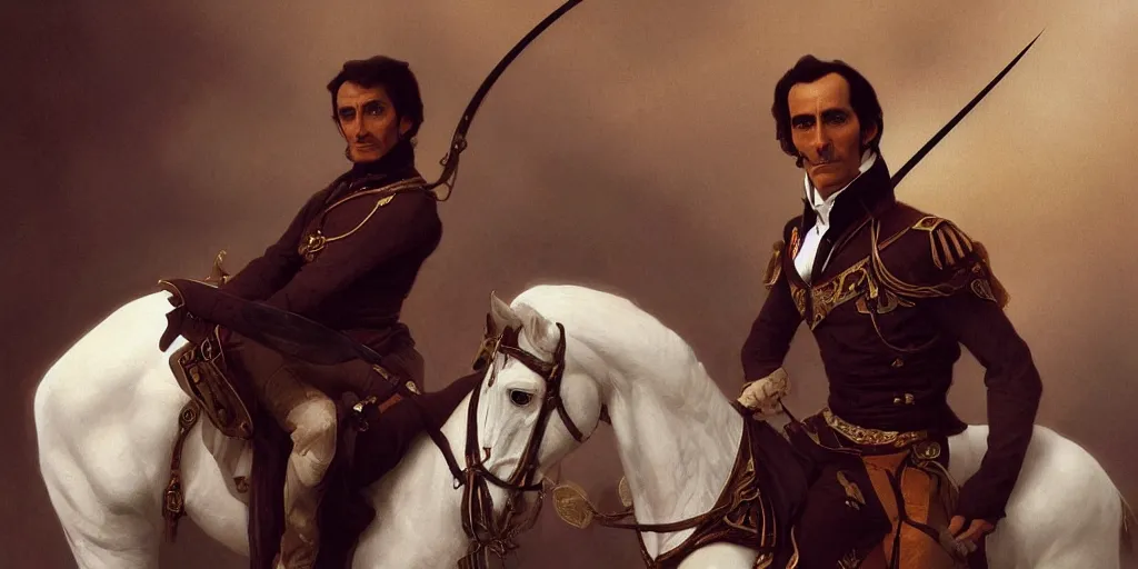 Image similar to portrait of simon bolivar holding a sword and rinding a white horse, intricate, elegant, highly detailed, digital painting, artstation, concept art, smooth, sharp focus, illustration, art by artgerm and greg rutkowski and alphonse mucha and william - adolphe bouguereau