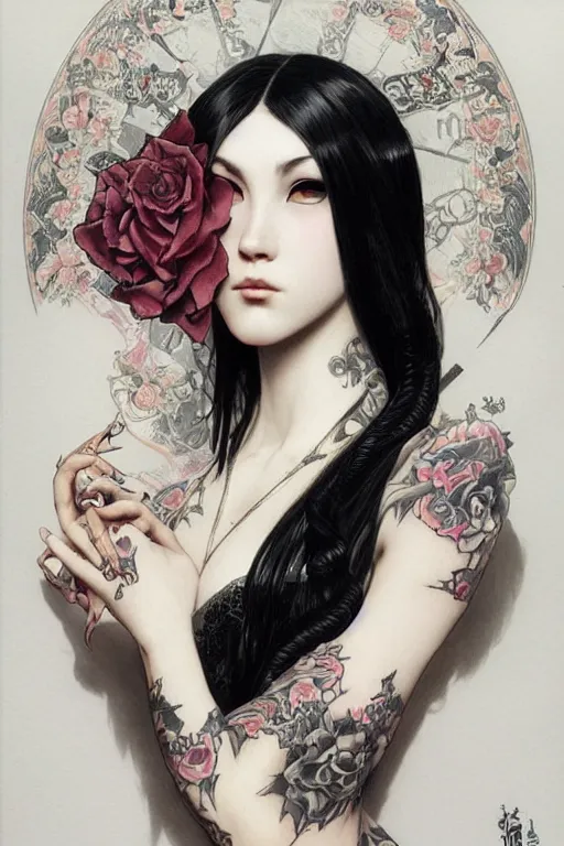 Image similar to goth yakuza girl tattoos, intricate, elegant, highly detailed, digital painting, artstation, concept art, smooth, sharp focus, illustration, art by artgerm and greg rutkowski and alphonse mucha and william-adolphe bouguereau