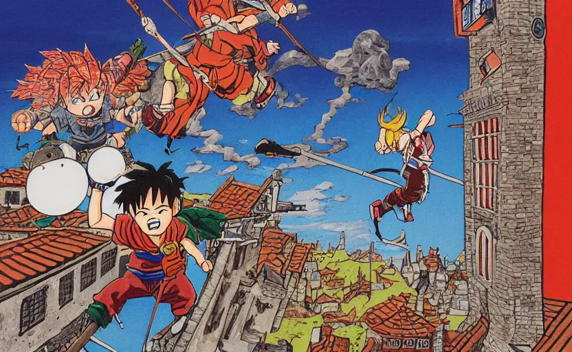 Prompt: a boy fighting a wolf on the edge of a clocktower, by akira toriyama gouache, print