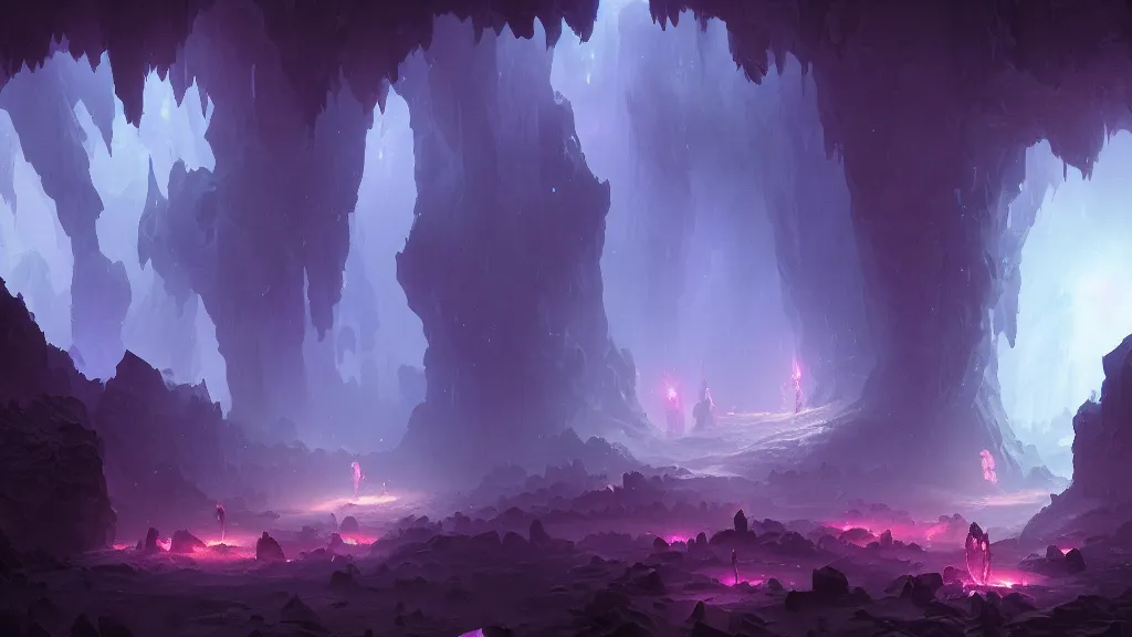 Prompt: A dark cave illuminated by large glowing violet crystal shards and veins, by greg rutkowski and thomas kinkade, ambient light, ultra detailed, 8k, trending on artstation, award winning, beautiful scenery, anime
