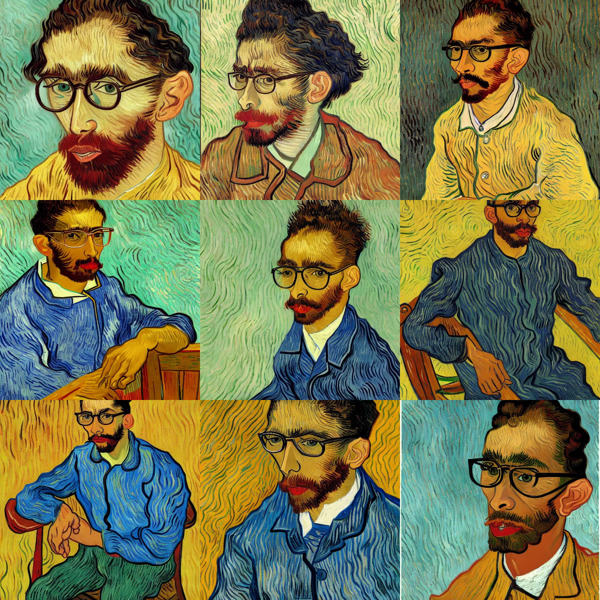 Prompt: 3 / 4 view portrait of a latino skinny young man, brown skin, wavy short hair, sad looking eyes, wearing glasses, straight nose, close up, seated on a chair, light brown background, painted by vincent van gogh