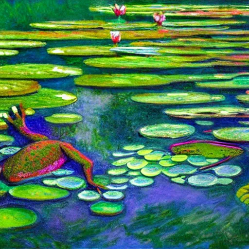 Prompt: alex jone infowars, lying on lily pad, frogs, style of claude monet, rainbow colors, painting