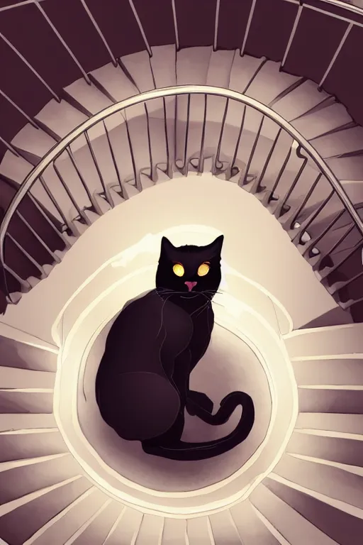 Image similar to black cat with glowing eyes sitting at the bottom of a flight of dimly lit stairs, viewed from above, digital illustration, artstation, artstation hq, hd