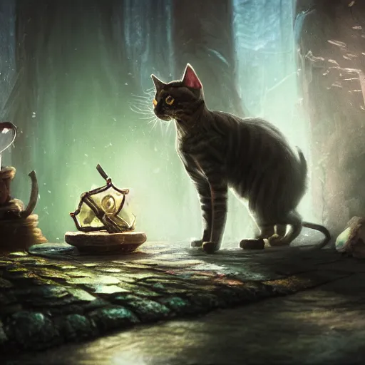 Image similar to Anthropomorphized cat witch brewing potion, witch Hut, magic the gathering artwork, D&D, fantasy, cinematic lighting, centered, symmetrical, highly detailed, digital painting, artstation, concept art, smooth, sharp focus, illustration, volumetric lighting, epic Composition, 8k, art by Akihiko Yoshida and Greg Rutkowski and Craig Mullins, heroic pose, oil painting, cgsociety