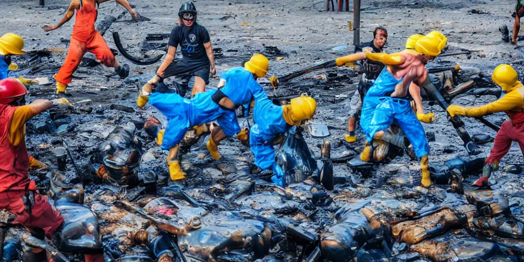 Prompt: massive brawl and pogo in oil spill, vivid colors, daylight, photo real, Eastman EXR 50D 5245/7245, close-up action first-person perspective