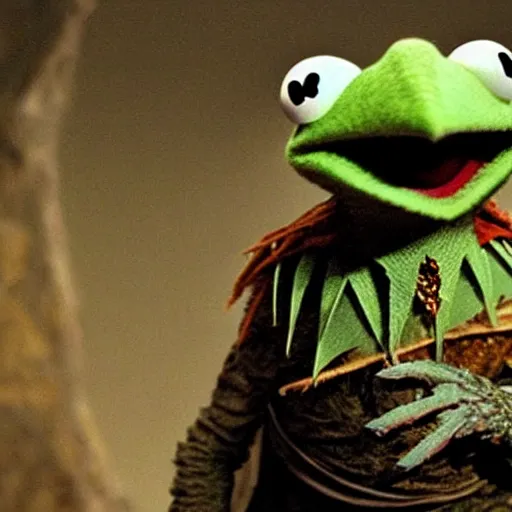 Prompt: kermit the frog as a skeksis in the dark crystal