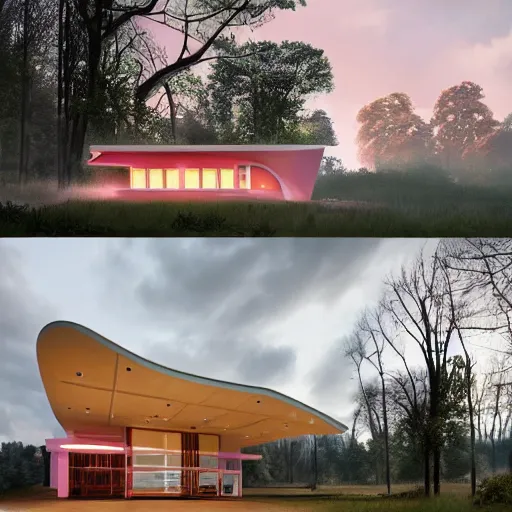 Prompt: modernist house inspired by a mcdonalds between big trees, light pink clouds, dramatic lighting, artstation, matte painting, raphael lacoste, simon stalenhag, frank lloyd wright, zaha hadid