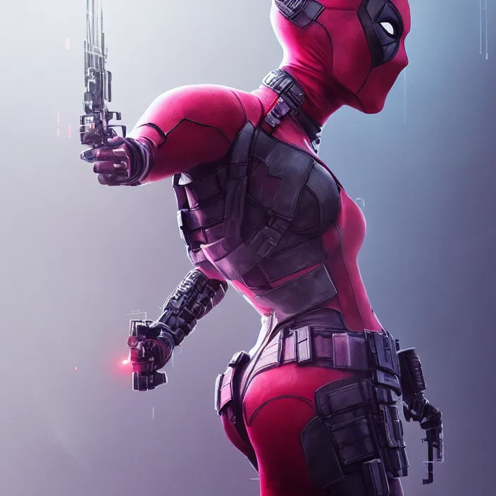 Image similar to charlize theron as lady deadpool. intricate abstract. intricate artwork. by tooth wu, wlop, beeple, dan mumford. octane render, trending on artstation, greg rutkowski very coherent symmetrical artwork. cinematic, hyper realism, high detail, octane render, 8 k, iridescent accents